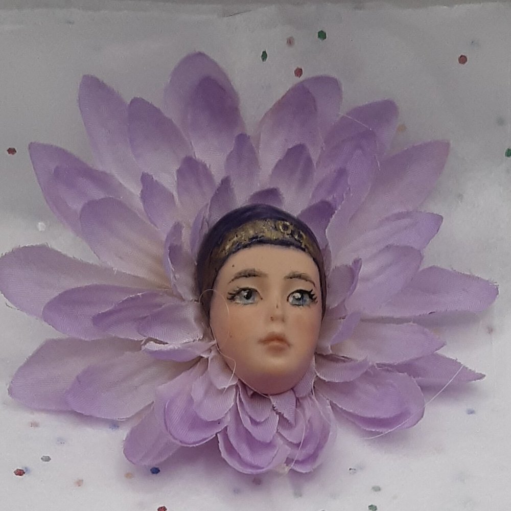 Sweet Little Flower Petal With Miniature Doll Face Mask Brooch Pin Handcrafted